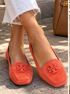 Tory Burch Coral Orange Suede Logo Smoking Loafer Flats Shoes 6.5
